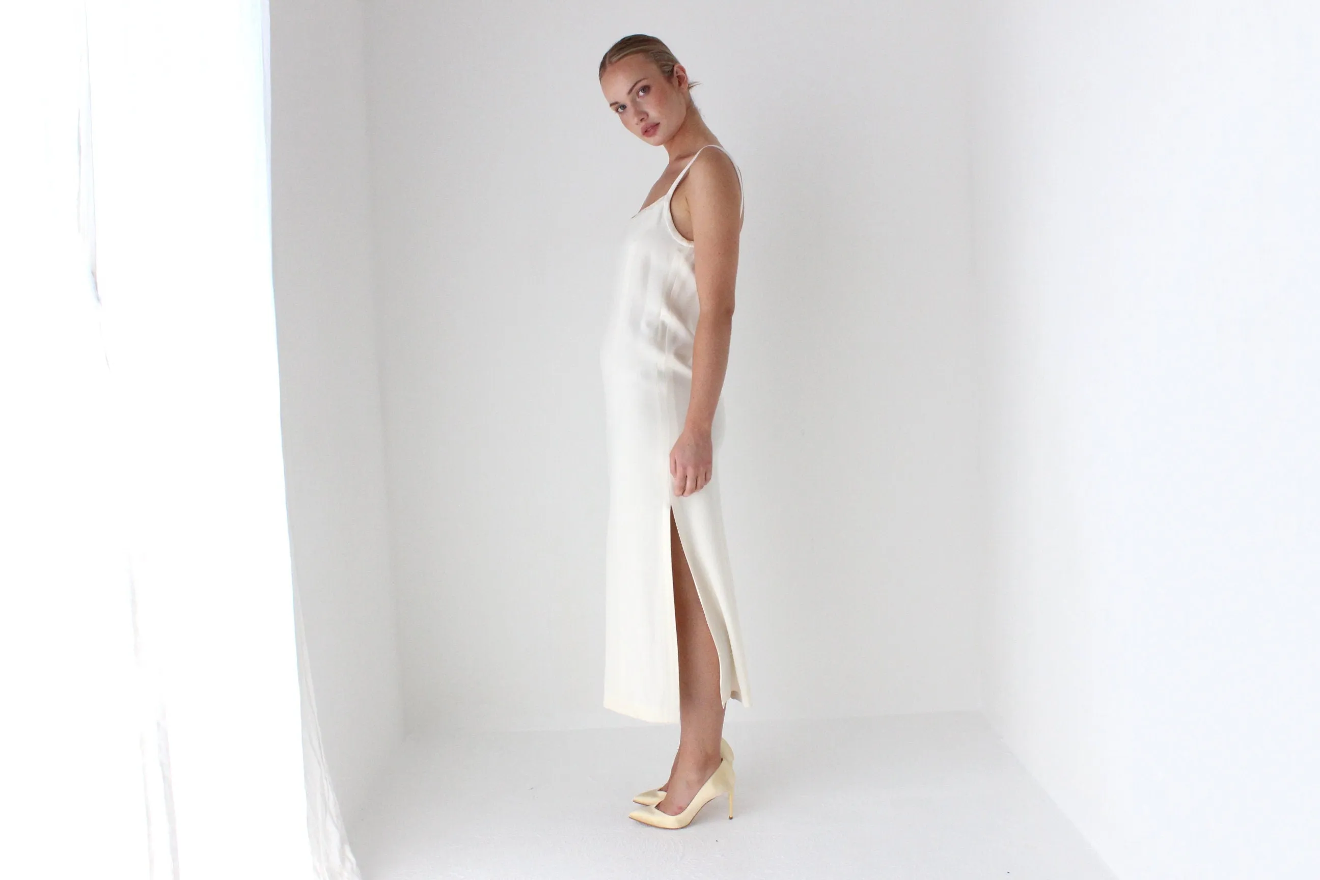 1990s Sonia Rykiel Minimal Ivory Crepe Slip Dress