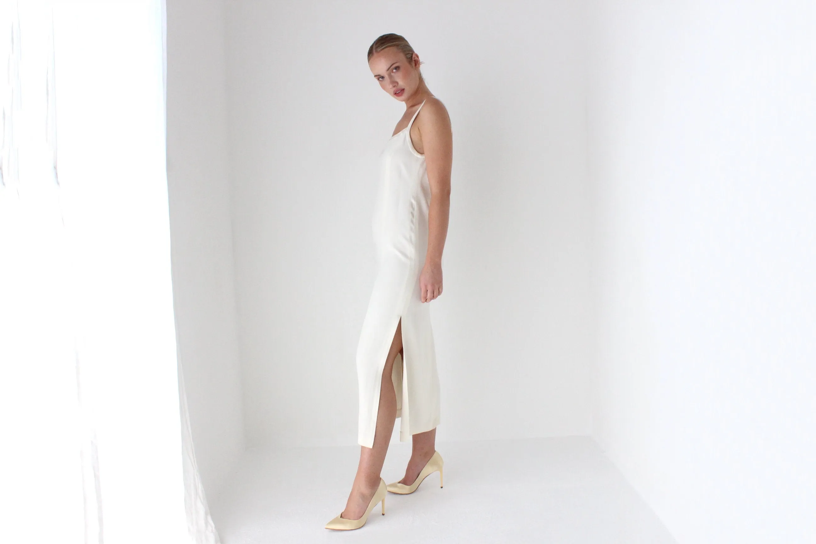 1990s Sonia Rykiel Minimal Ivory Crepe Slip Dress