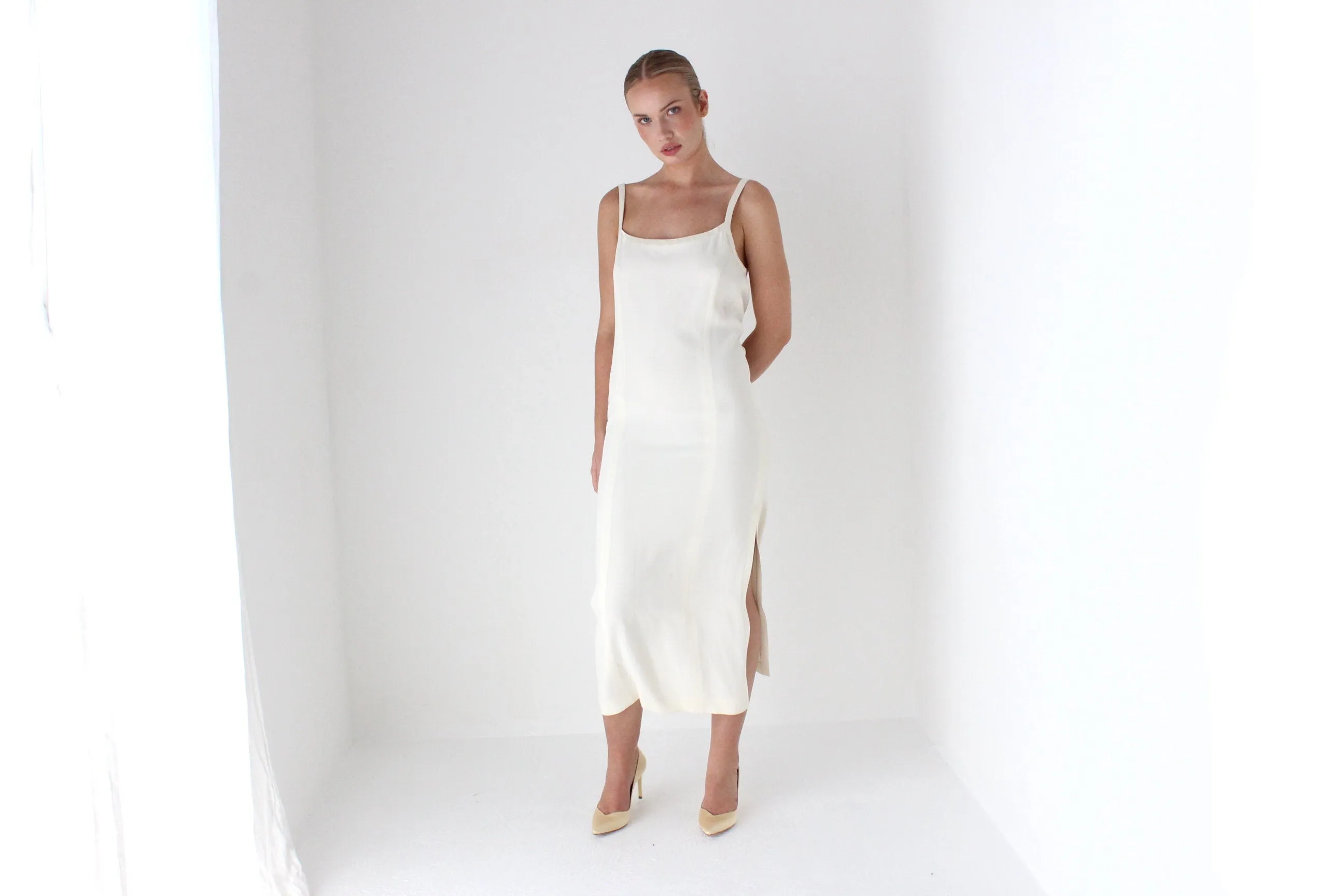 1990s Sonia Rykiel Minimal Ivory Crepe Slip Dress