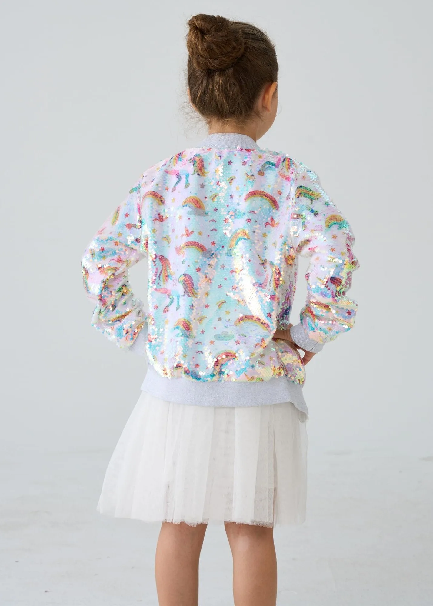 2Bunnies Girls' Unicorn Rainbow Sequin Bomber Jacket