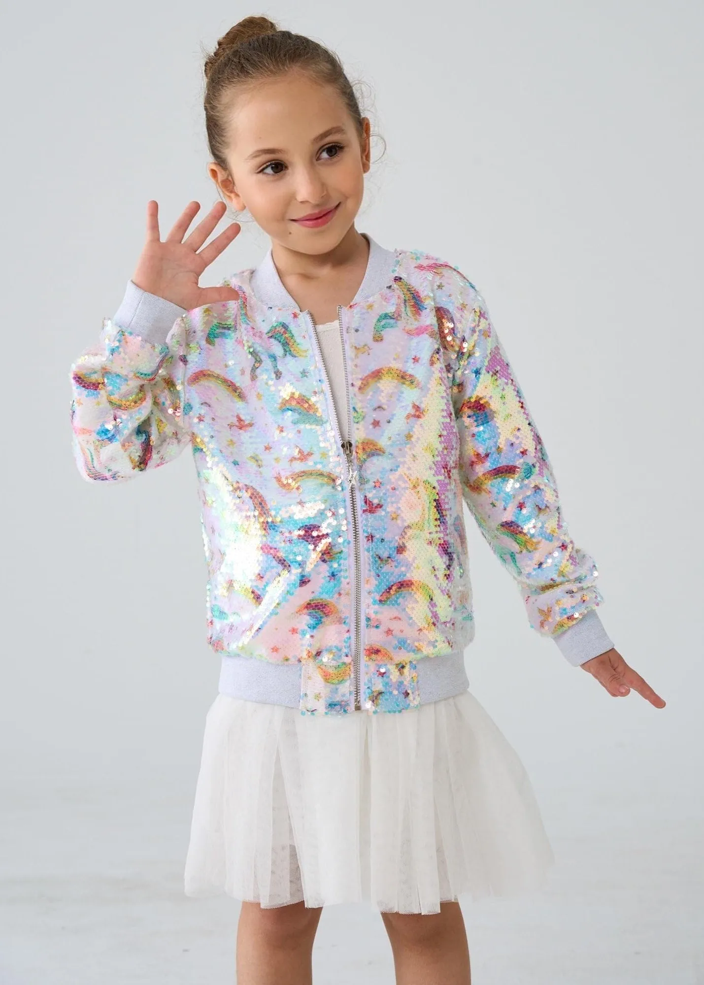 2Bunnies Girls' Unicorn Rainbow Sequin Bomber Jacket