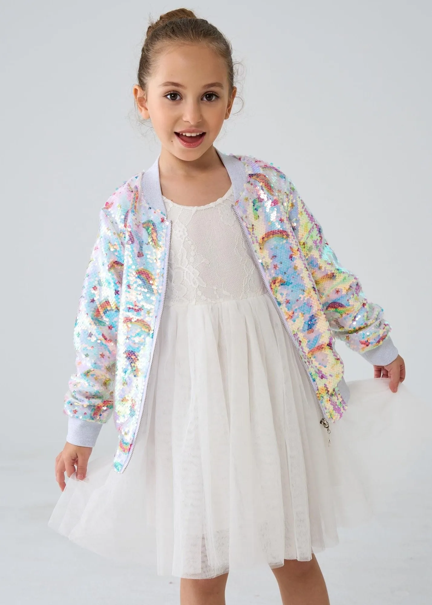 2Bunnies Girls' Unicorn Rainbow Sequin Bomber Jacket