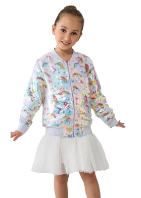 2Bunnies Girls' Unicorn Rainbow Sequin Bomber Jacket