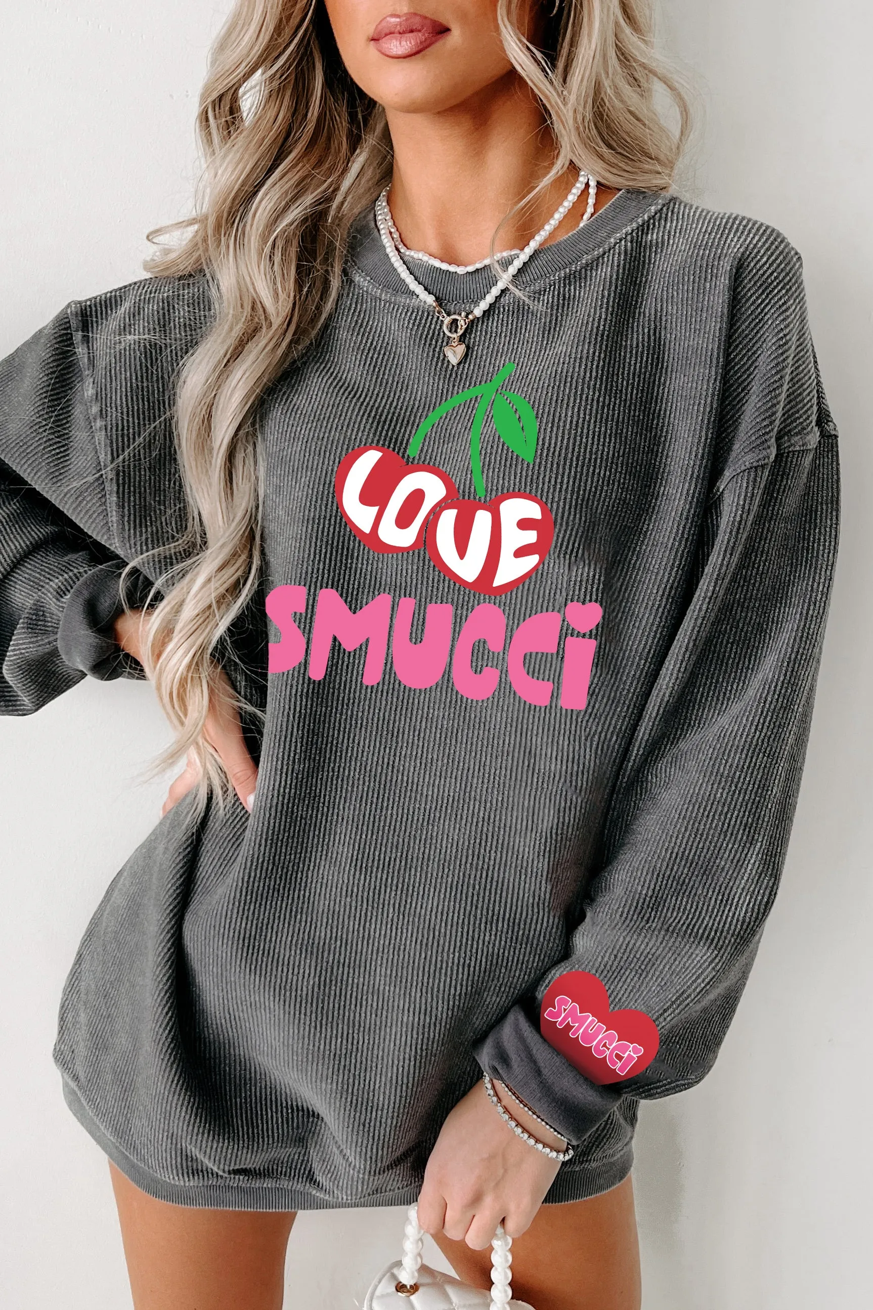 A Smucci Kind Of Love Corded Graphic Crewneck (Charcoal) - Print On Demand