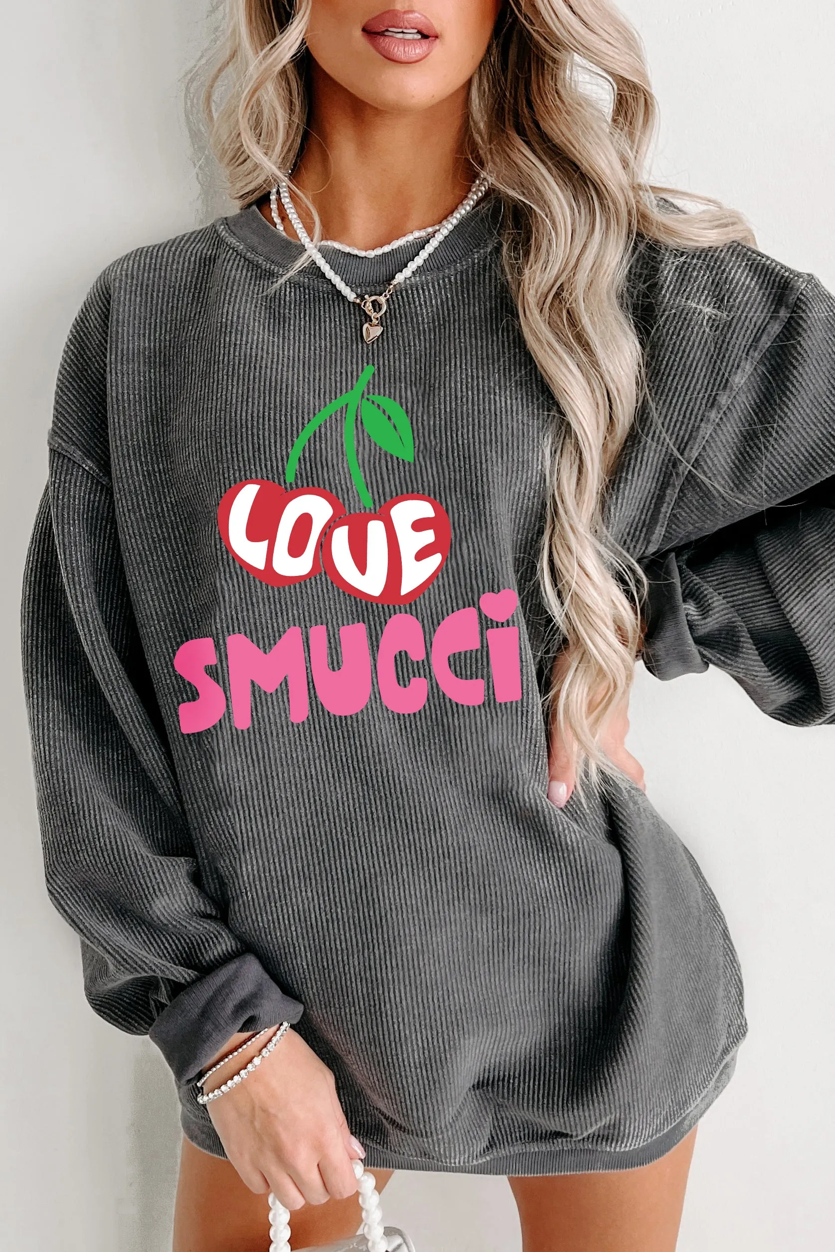 A Smucci Kind Of Love Corded Graphic Crewneck (Charcoal) - Print On Demand