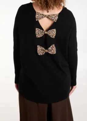 Animal Print Triple Bow Back V-Neck Fine Knit Jumper (2 Colours)