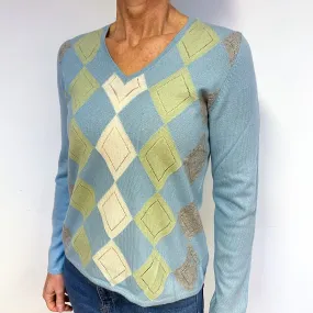 Argyle Baby Blue Cashmere V-Neck Jumper Medium