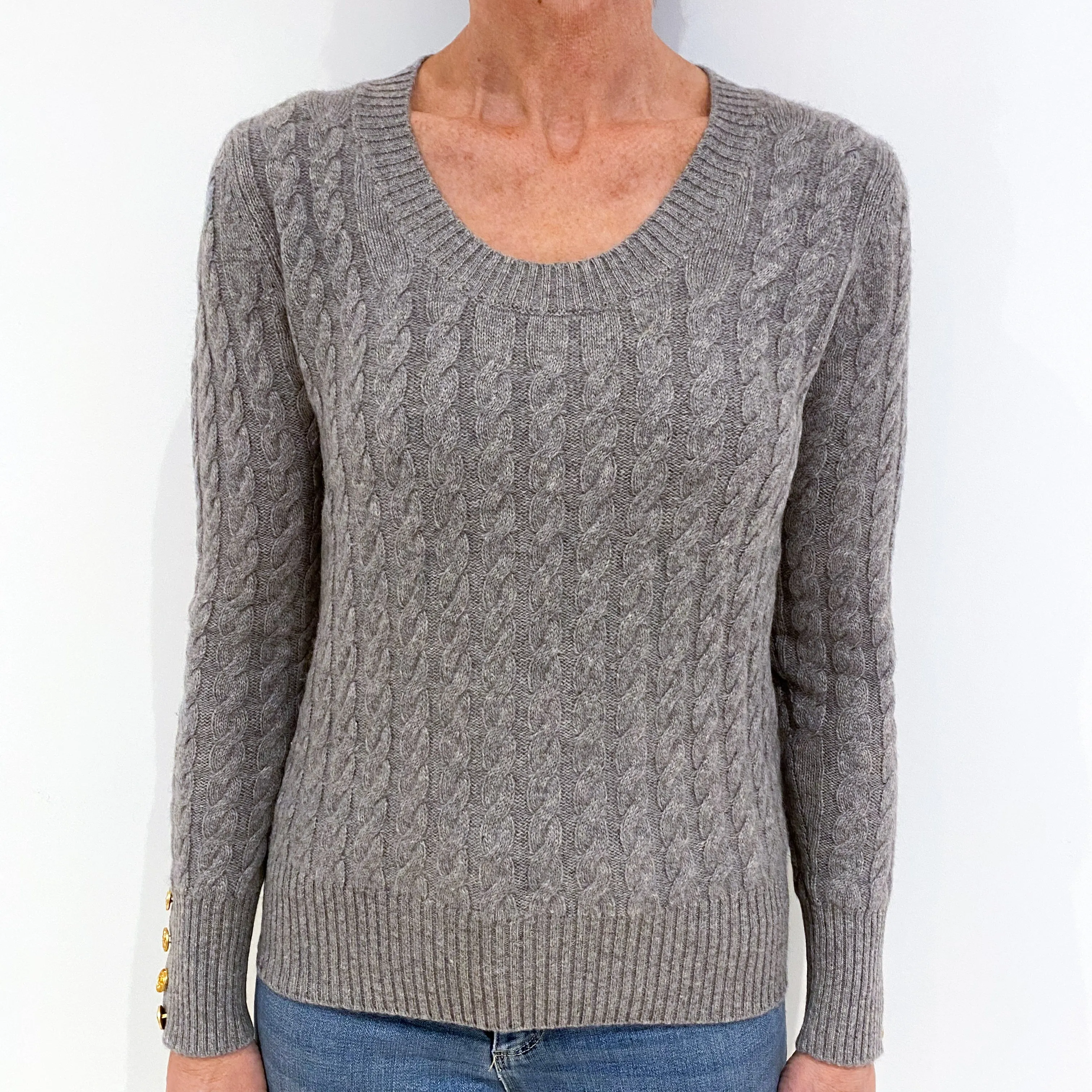 Ash Grey Cable Cashmere Crew Neck Jumper Small