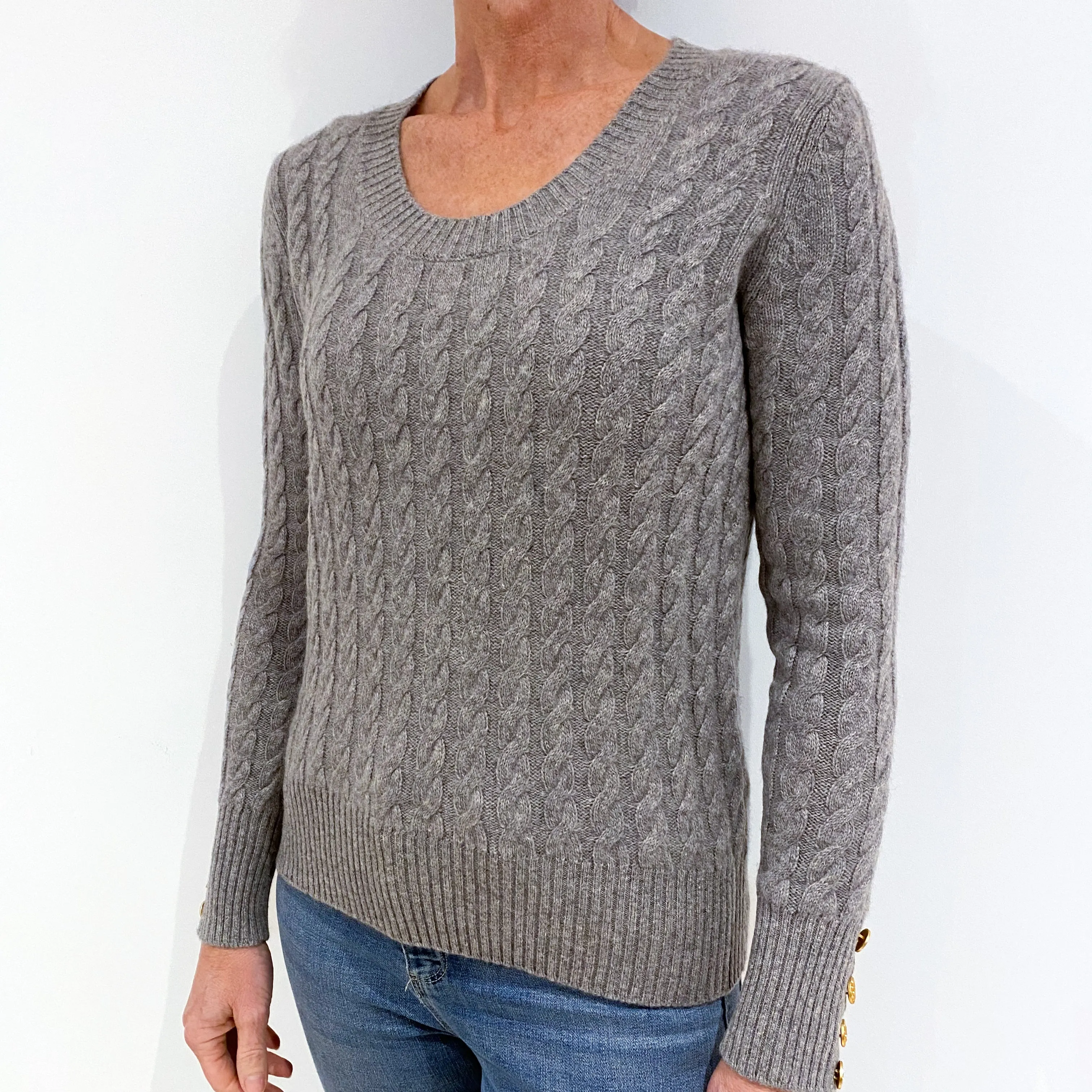 Ash Grey Cable Cashmere Crew Neck Jumper Small