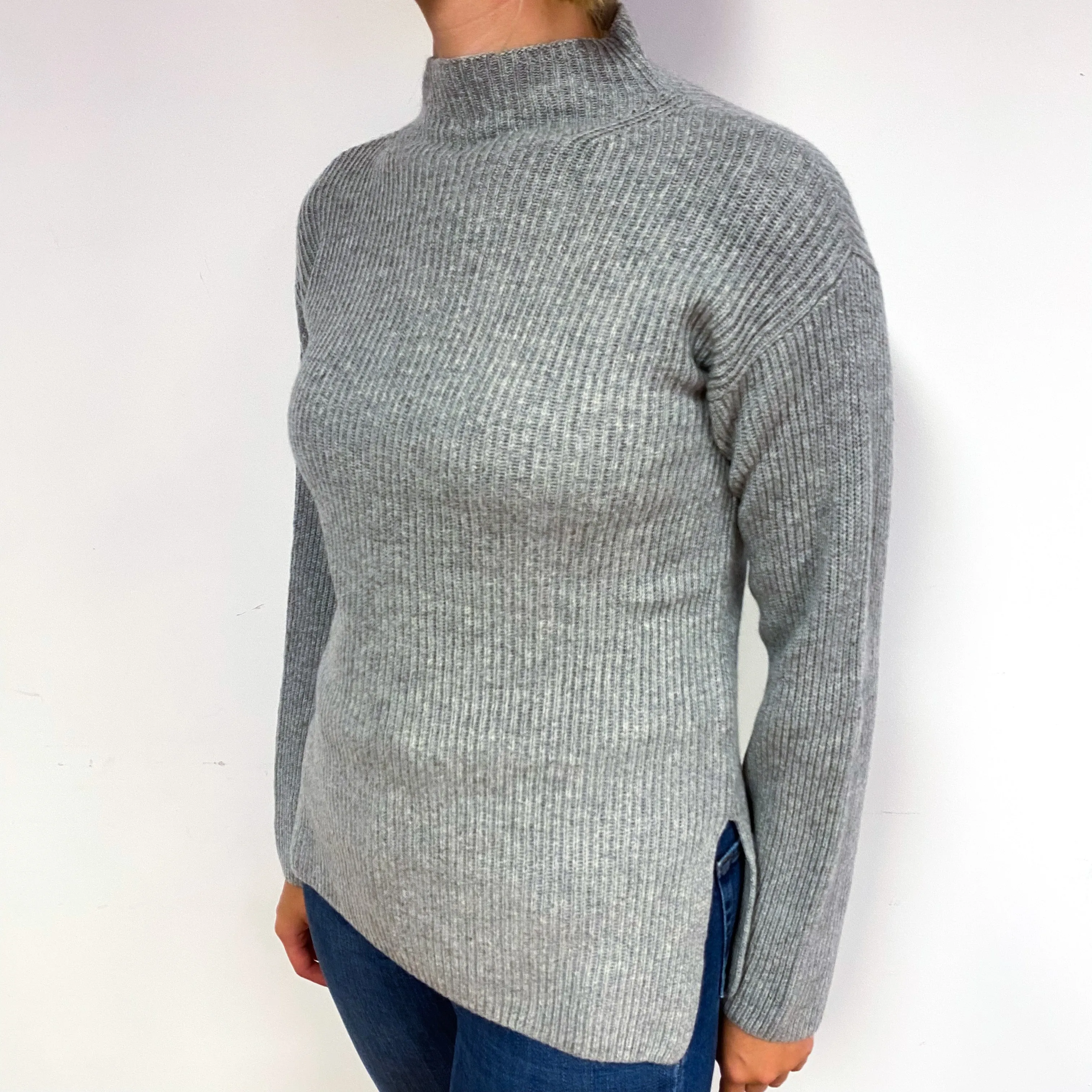 Ash Grey Rib Cashmere Turtle Neck Jumper Small