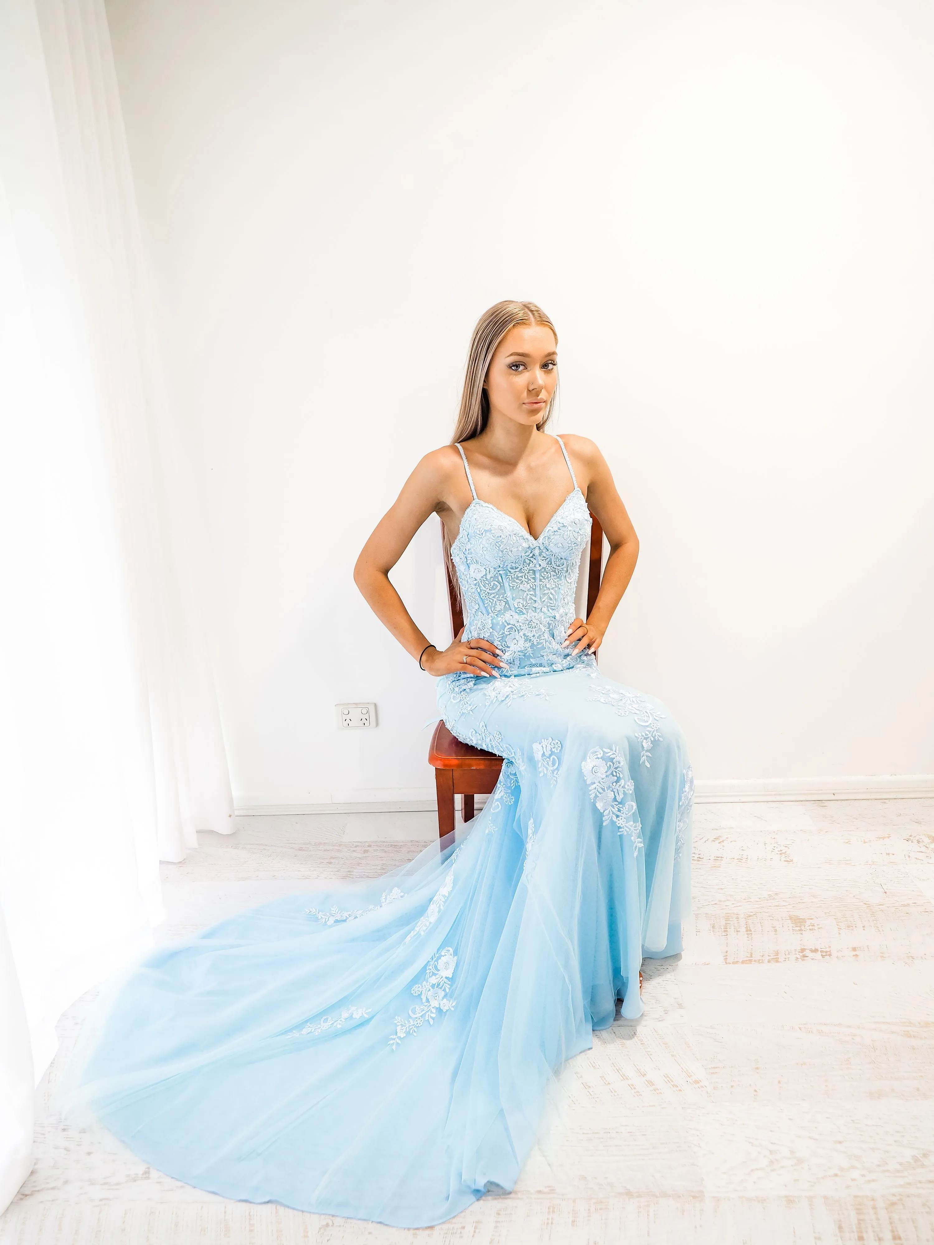 Baby Blue tulle corset lace mermaid dress with lace up back for hire