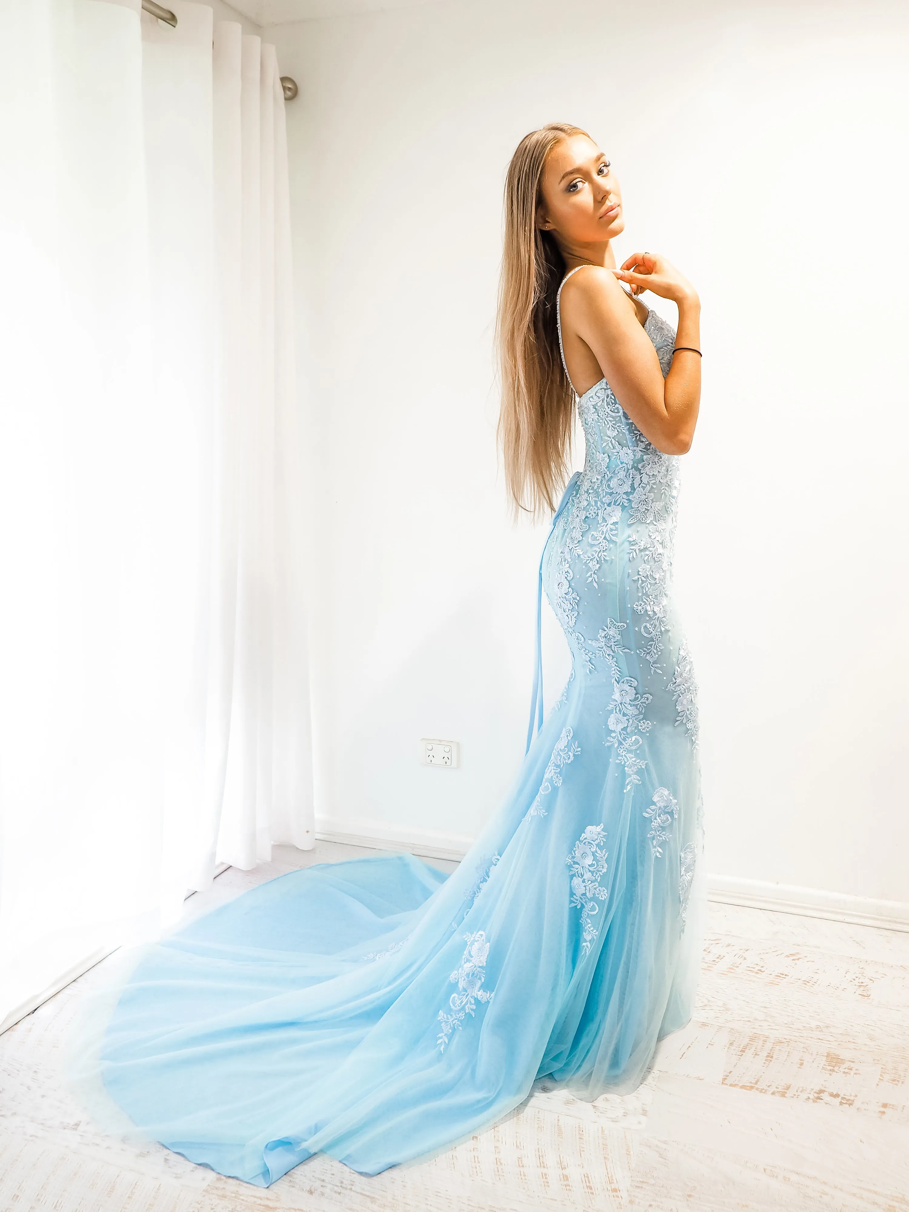 Baby Blue tulle corset lace mermaid dress with lace up back for hire