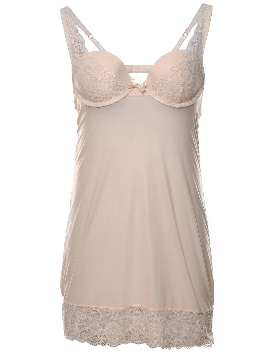 Beige Classic Lace Trim Boned Slip Dress - S