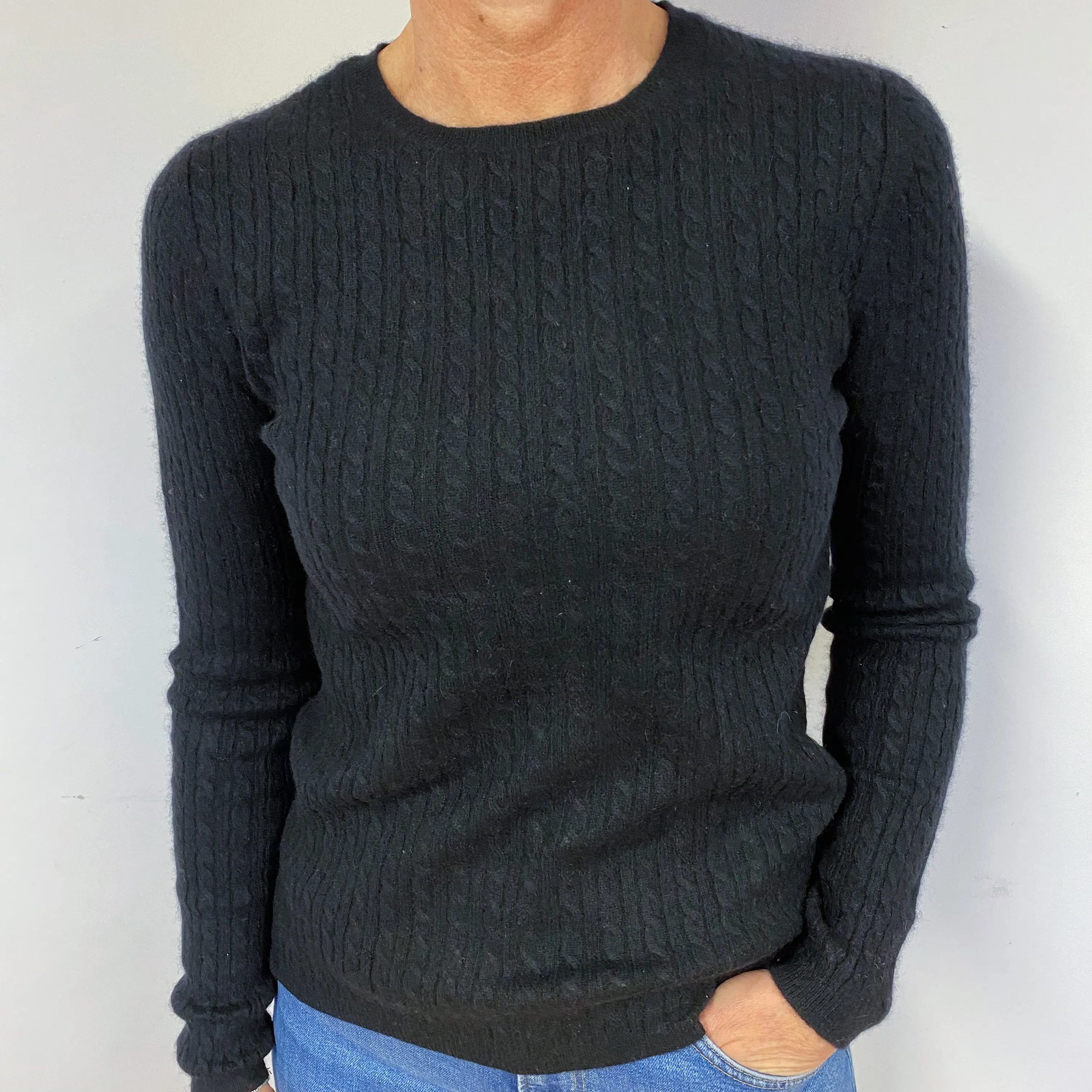 Black Cable Knit Cashmere Crew Neck Jumper Medium