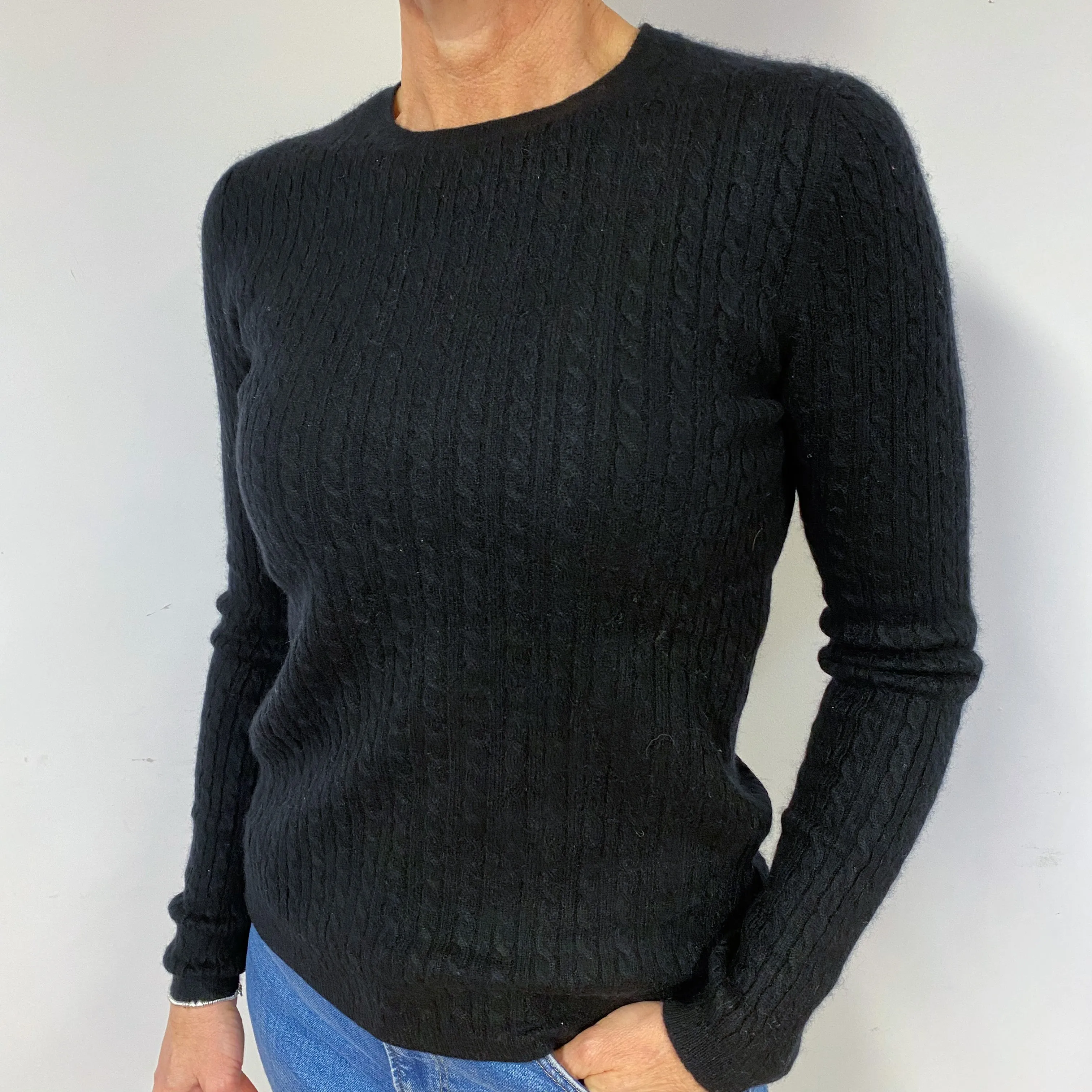 Black Cable Knit Cashmere Crew Neck Jumper Medium