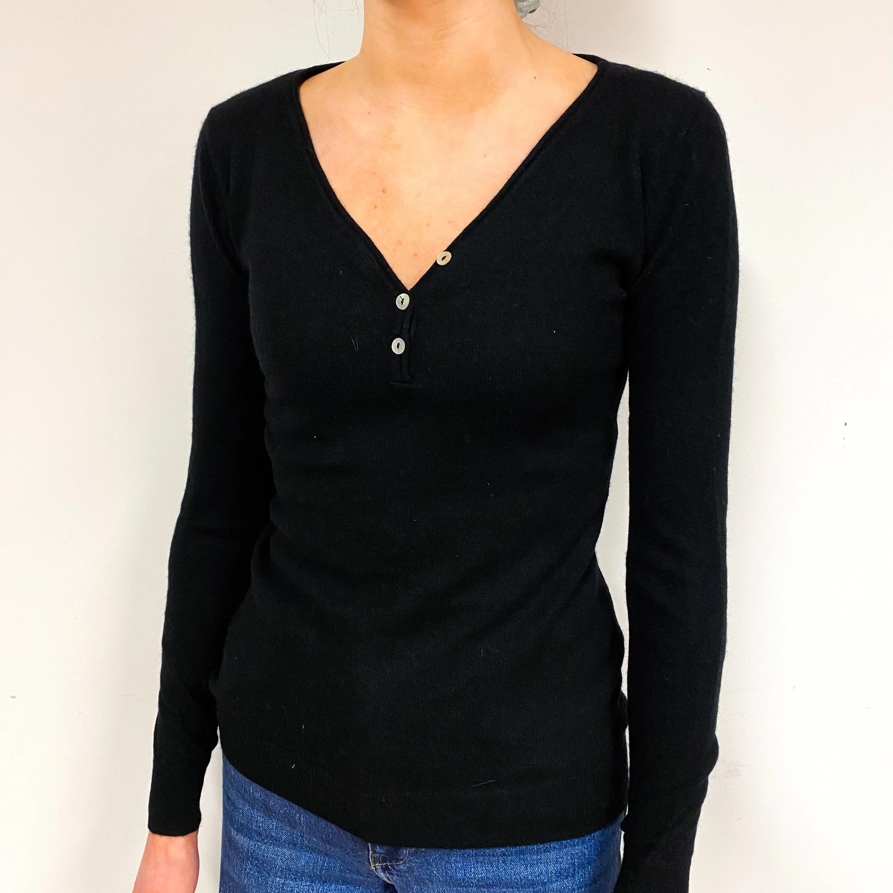 Black Cashmere Buttoned V-Neck Jumper Extra Small