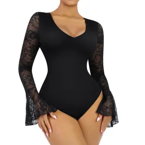 Black Lace Ruffled Long Sleeve Bodysuit