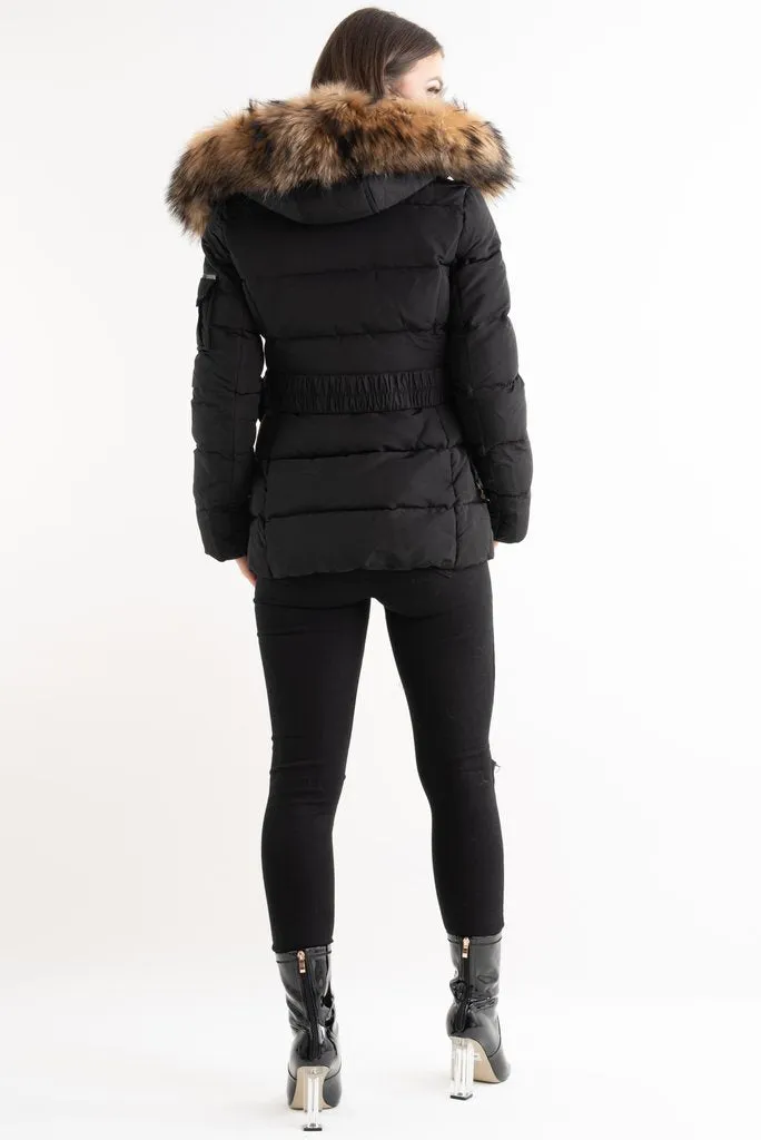 Black Natural Real Fur Hood Attentif Puffer Zip Jacket - Aria