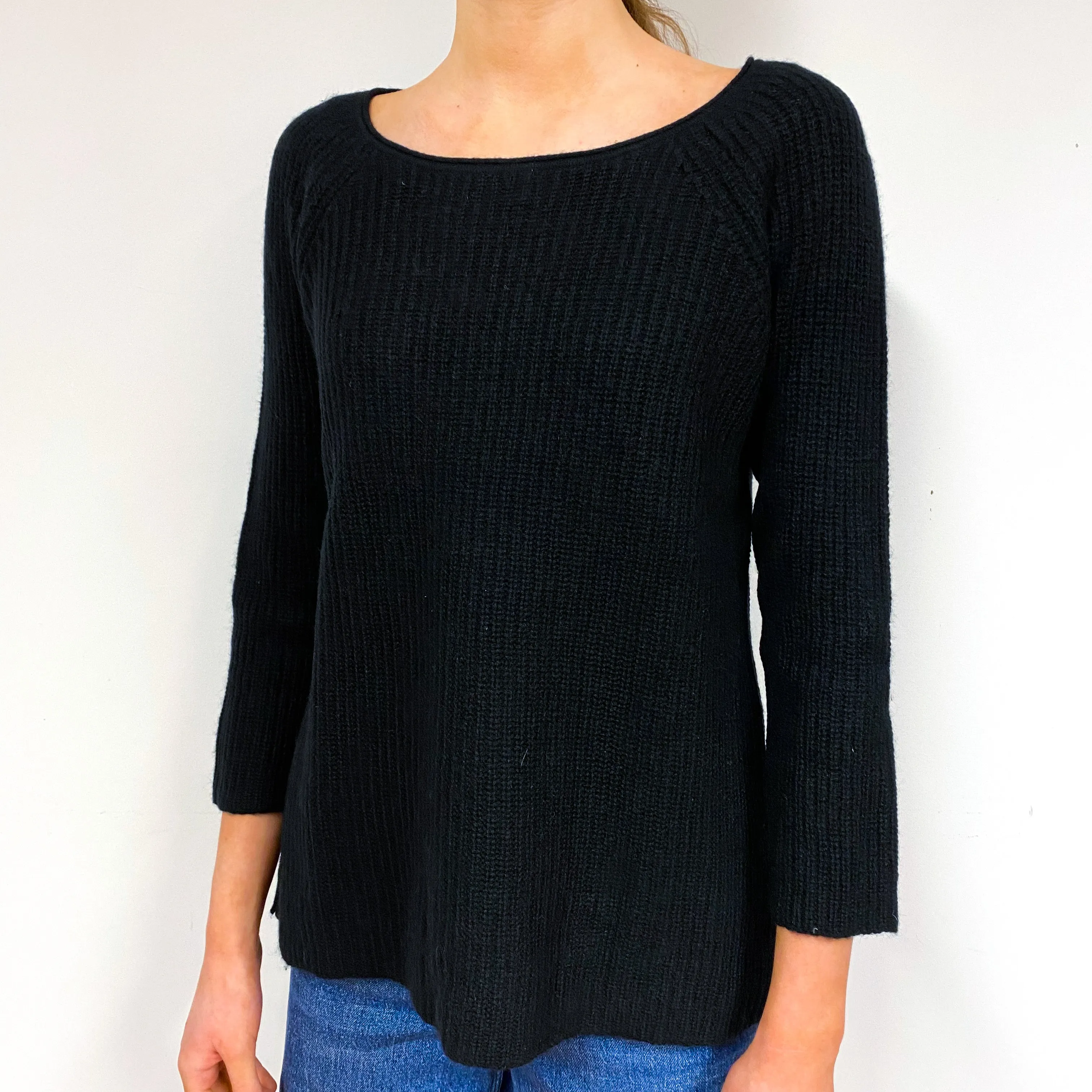 Black Ribbed Cashmere Crew Neck Jumper Extra Small