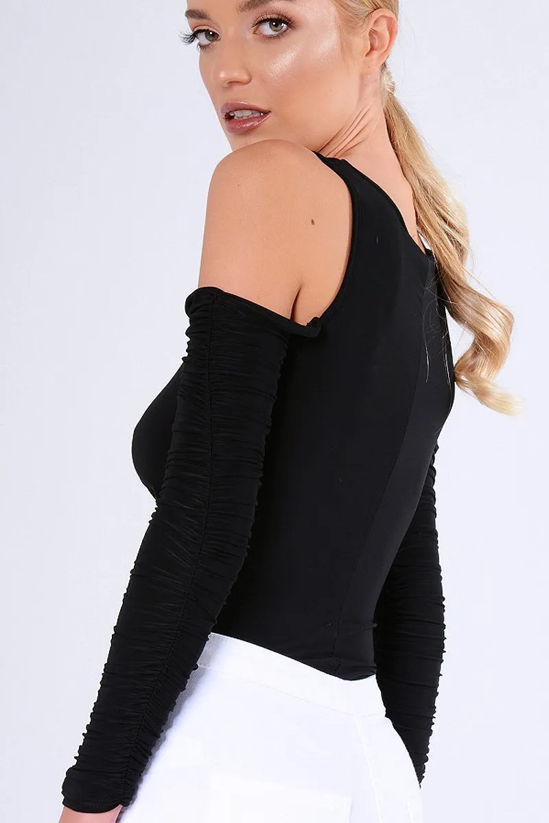 Black Slinky Ruched Cold Shoulder Bodysuit - Jayden