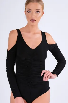 Black Slinky Ruched Cold Shoulder Bodysuit - Jayden