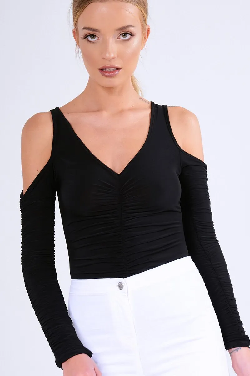 Black Slinky Ruched Cold Shoulder Bodysuit - Jayden