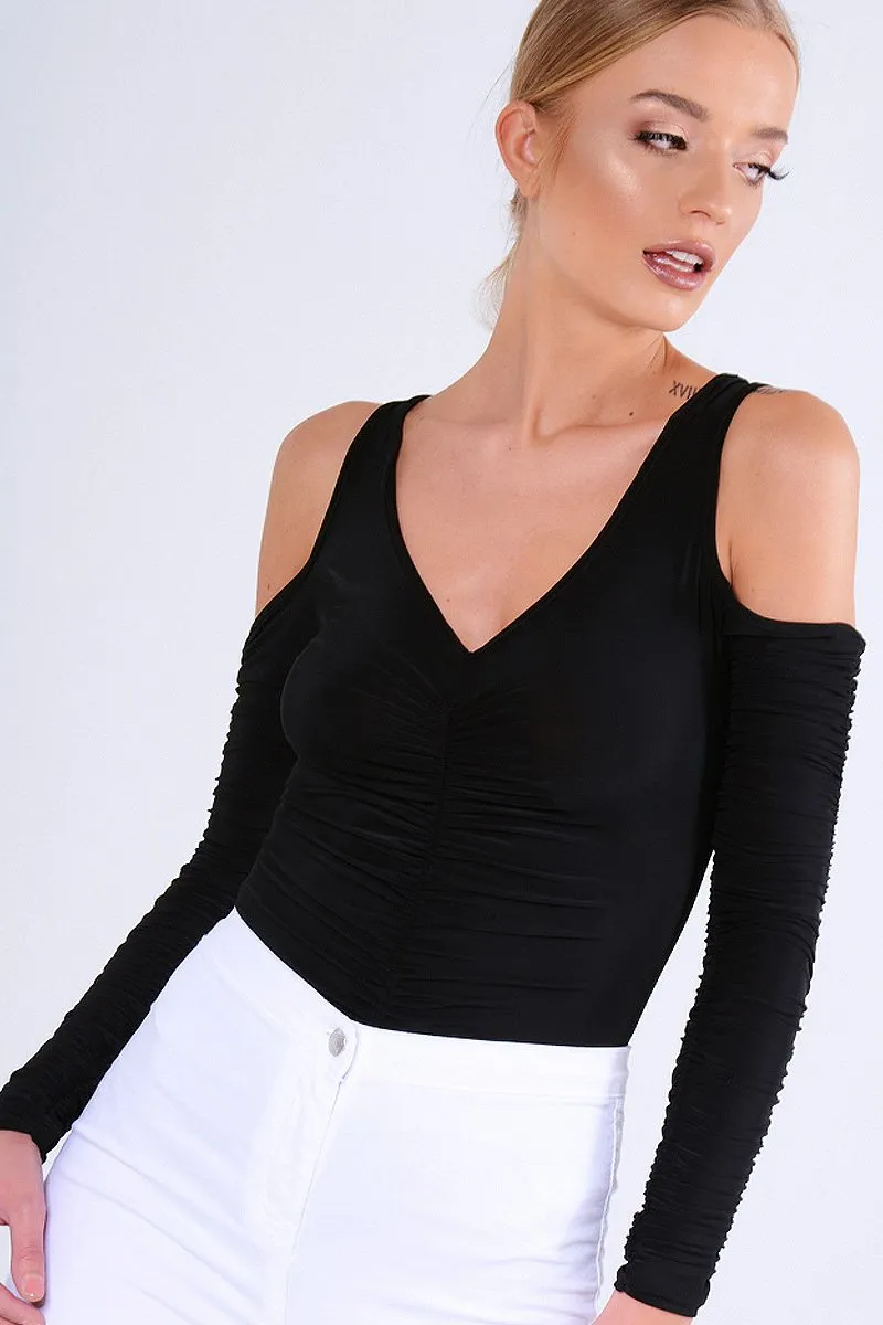 Black Slinky Ruched Cold Shoulder Bodysuit - Jayden