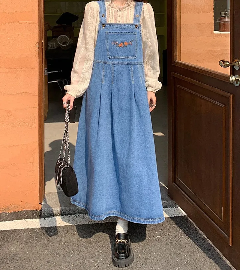 Blue Denim Midi Overall Dress