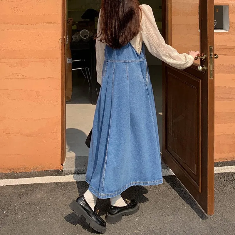 Blue Denim Midi Overall Dress