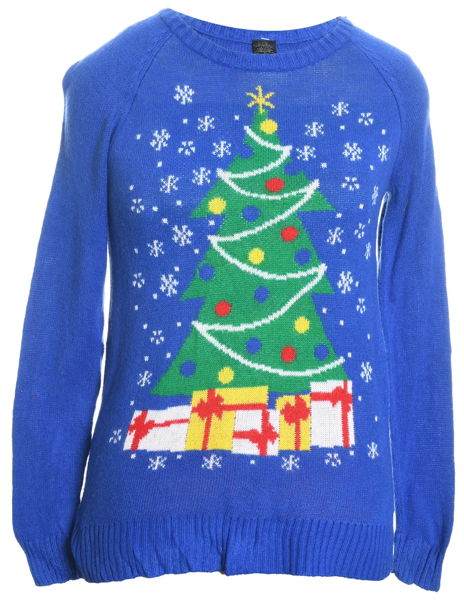 Blue Knit Round-Neck Christmas Jumper - S