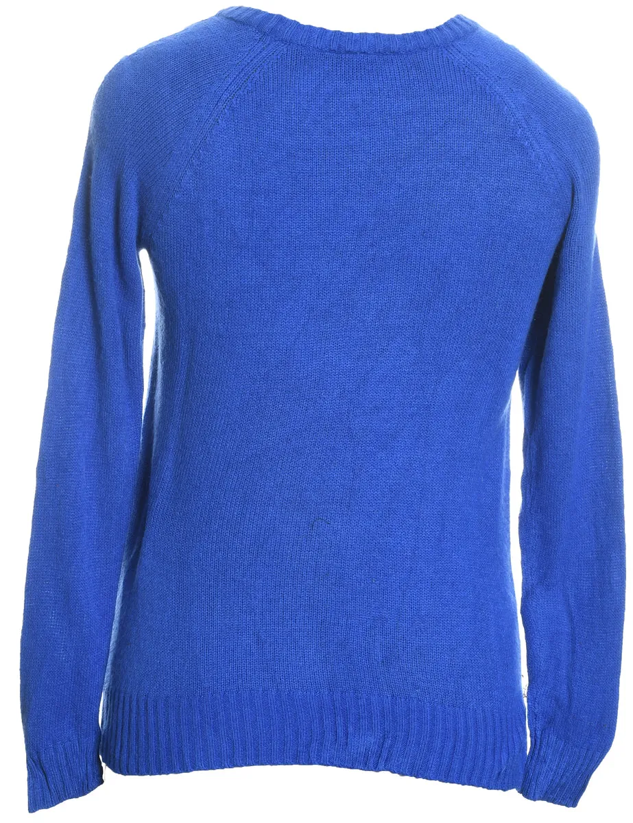 Blue Knit Round-Neck Christmas Jumper - S