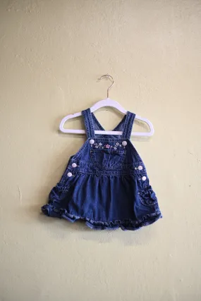 BLUE OVERALL DRESS RUFFLE EMBROIDER FLOWERS (6 MO)