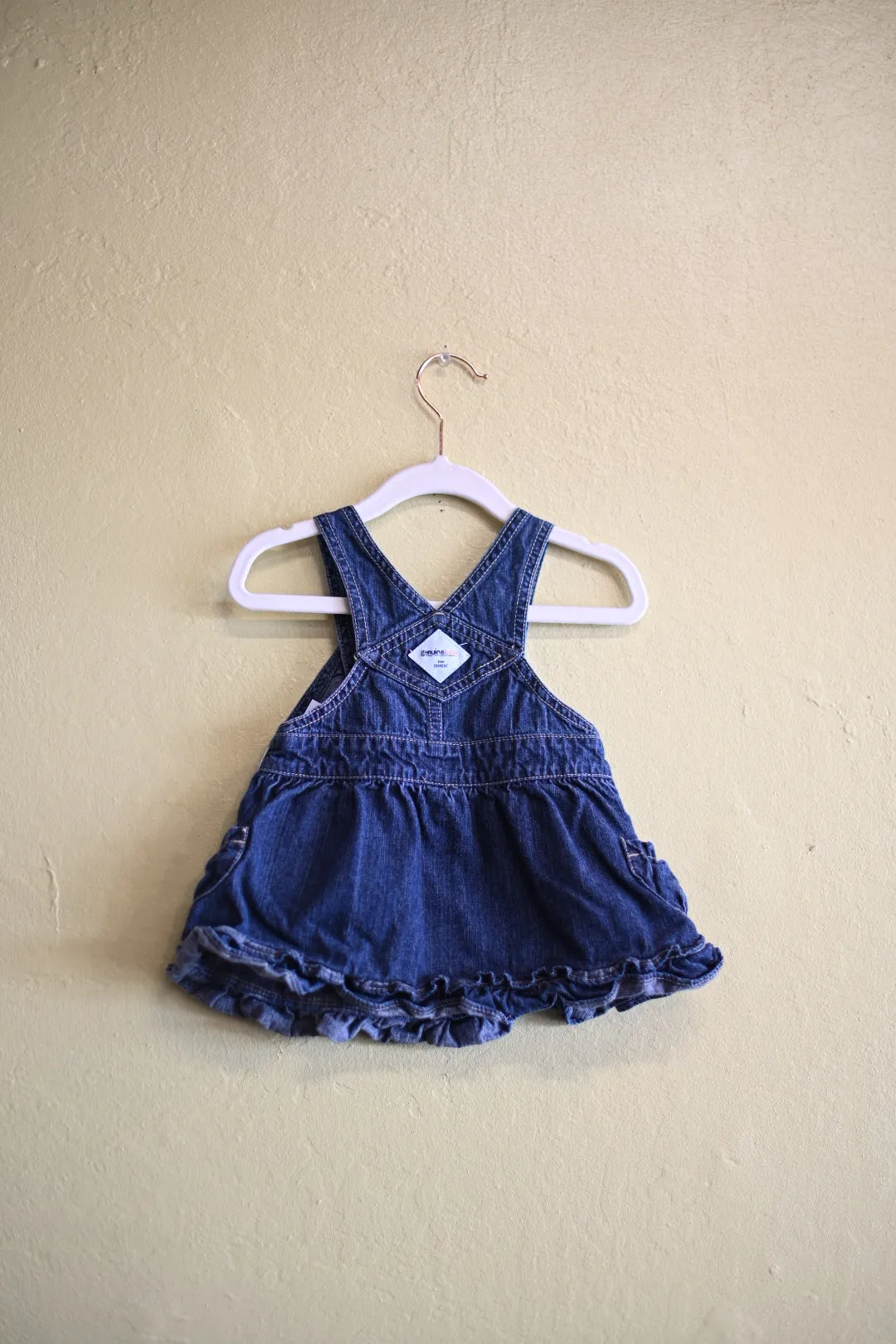BLUE OVERALL DRESS RUFFLE EMBROIDER FLOWERS (6 MO)