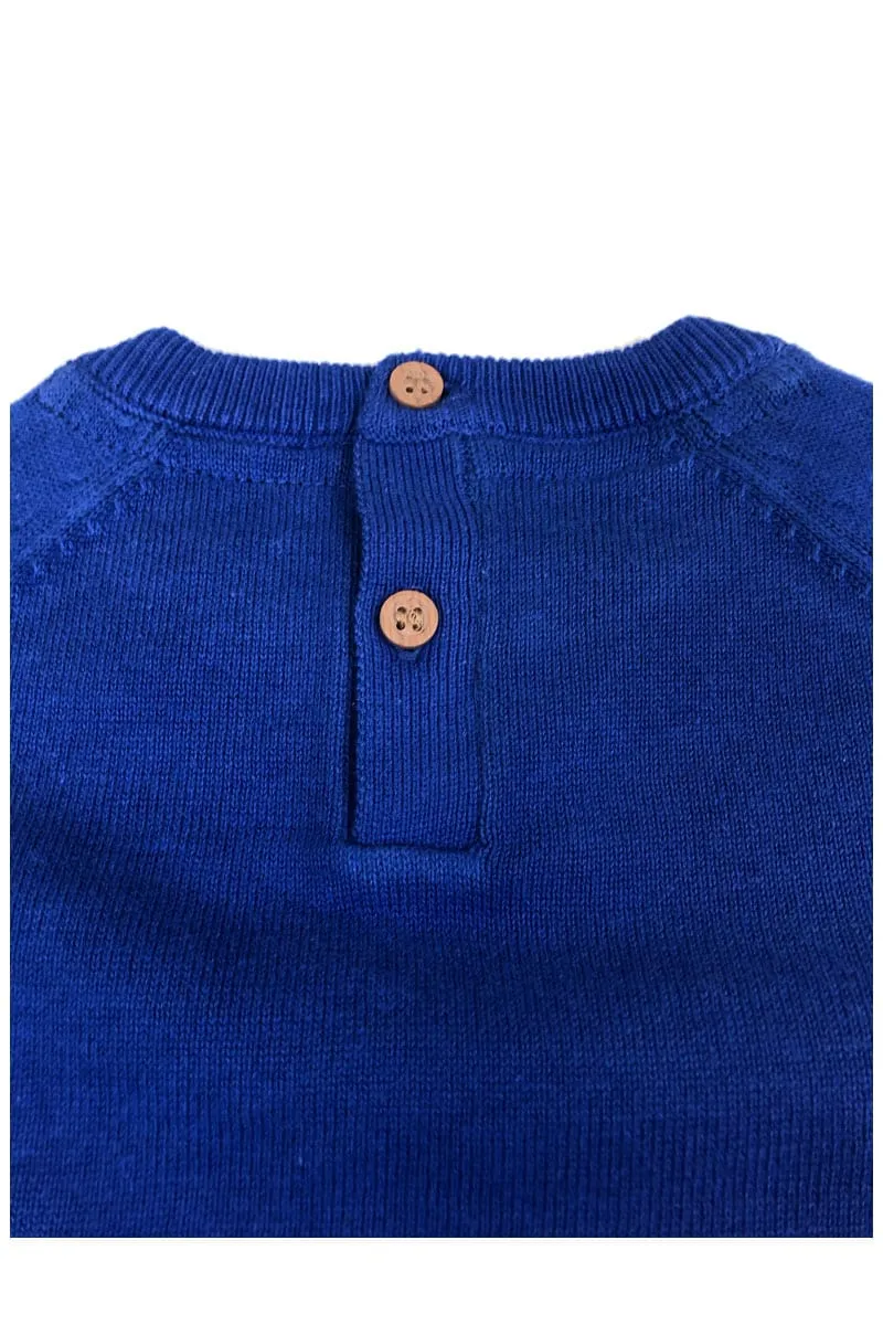 Boys Blue Embosed Bear Cotton Knitted Long Sleeve Jumper