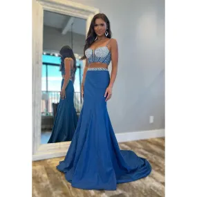 Classic & Timeless Two Piece Spaghetti Straps Mermaid Beaded Backless Prom Dress