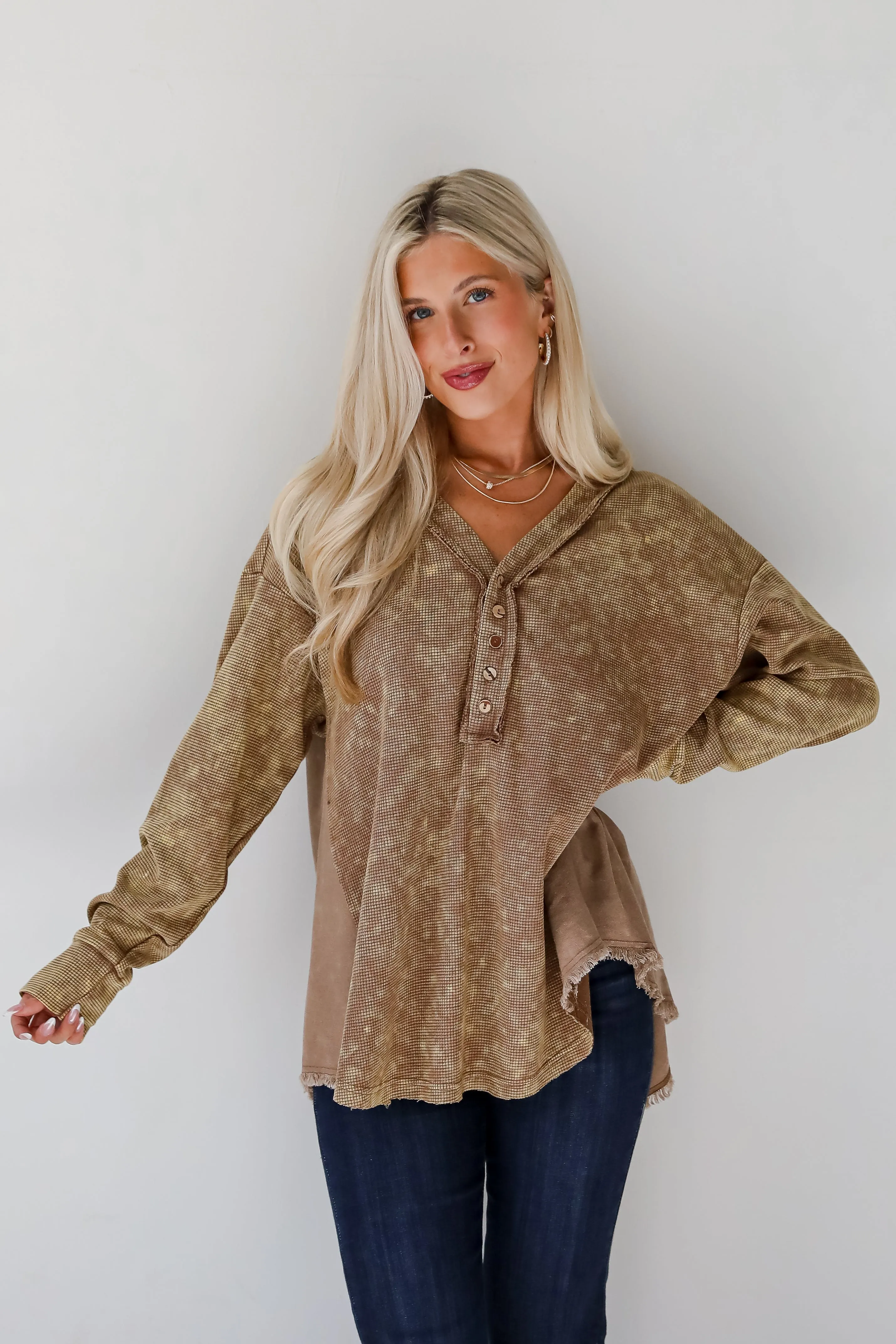 Convincing Composure Mocha Waffle Knit Henley Top