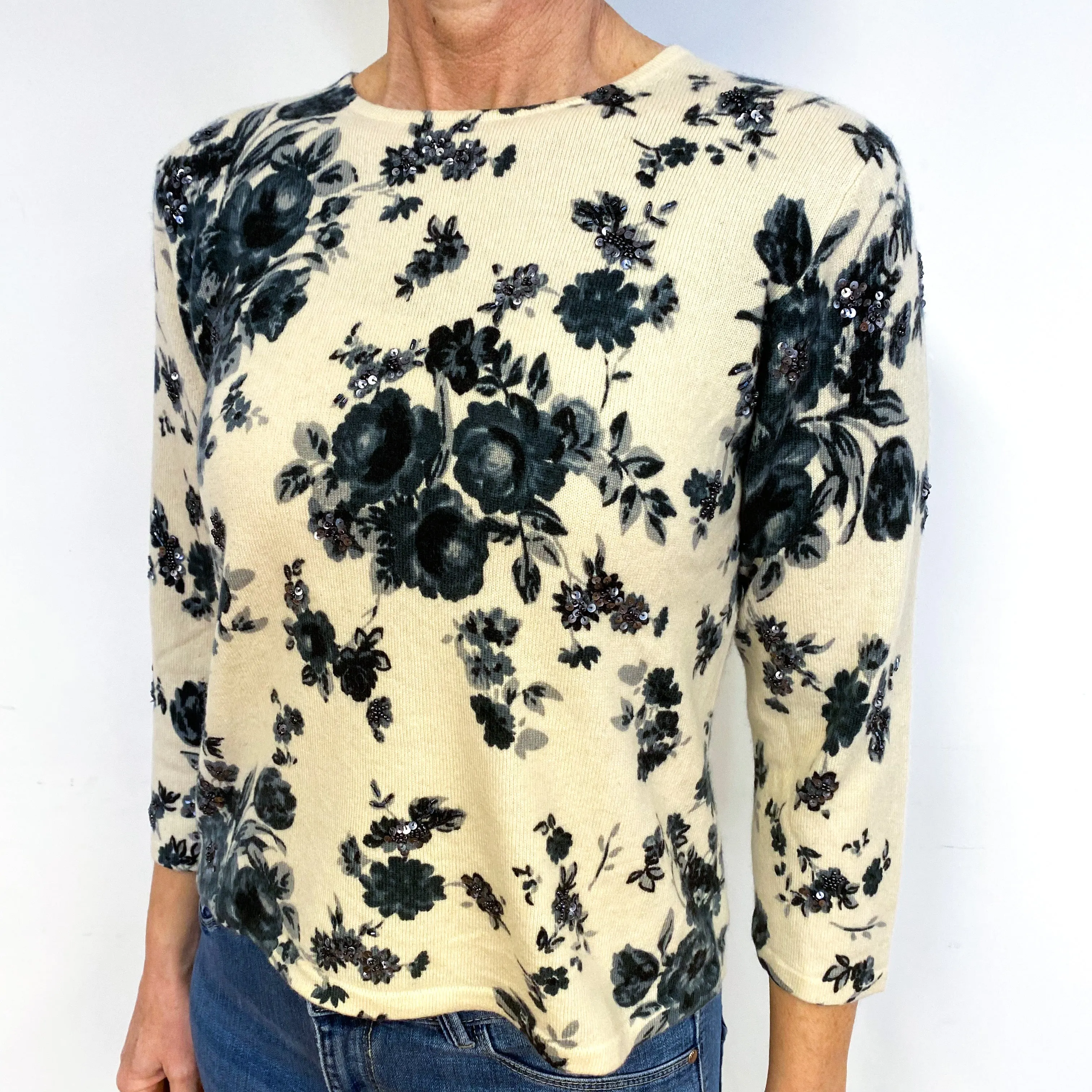 Cream Grey Floral Cashmere Crew Neck Jumper Medium