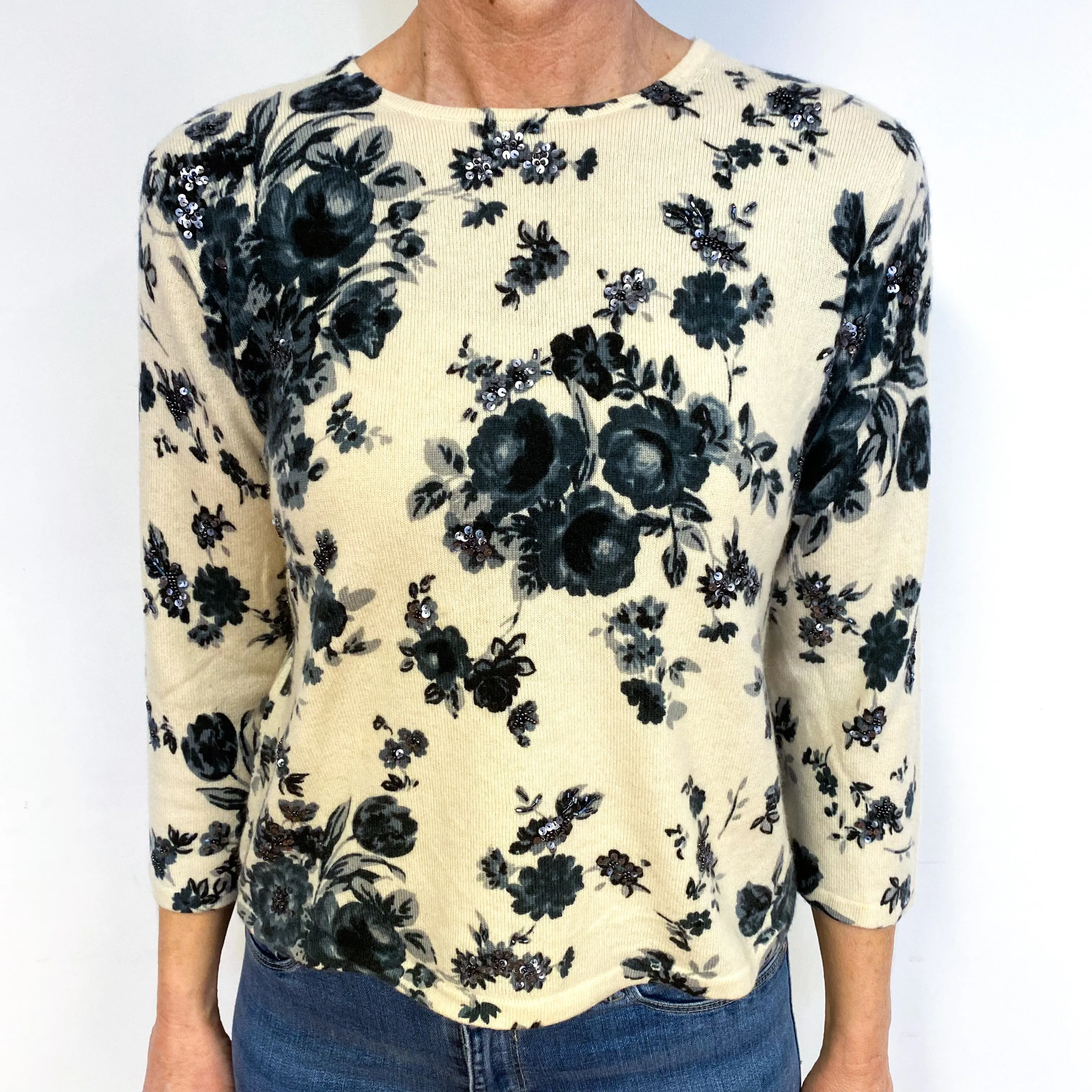 Cream Grey Floral Cashmere Crew Neck Jumper Medium