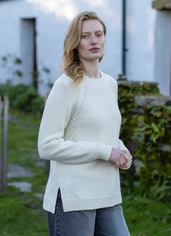 Crew Raglan Sweater with cable details - Foxglove - Fisherman Out of Ireland