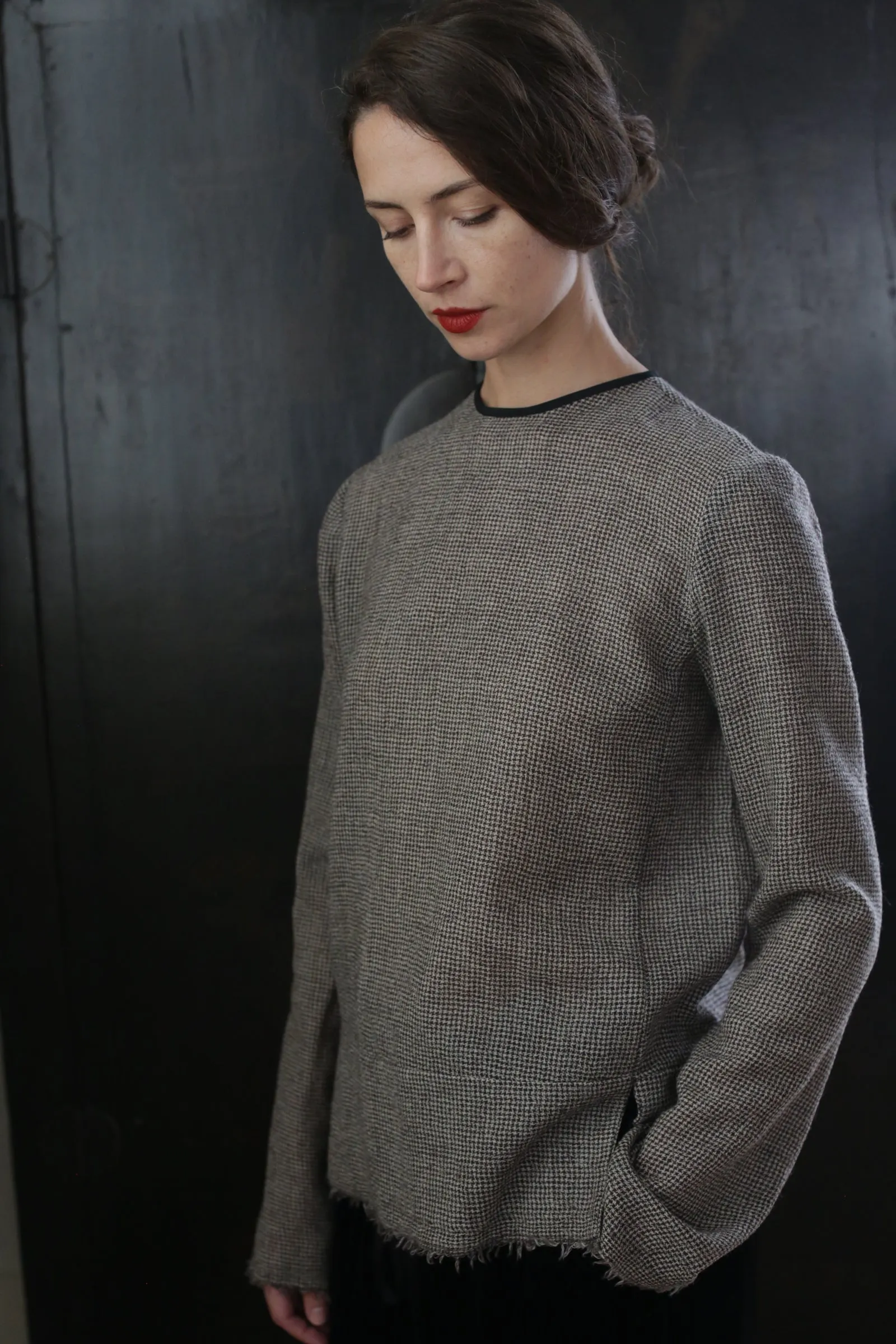 Crewneck shirt - Japanese Wool Gauze | Brown Houndstooth