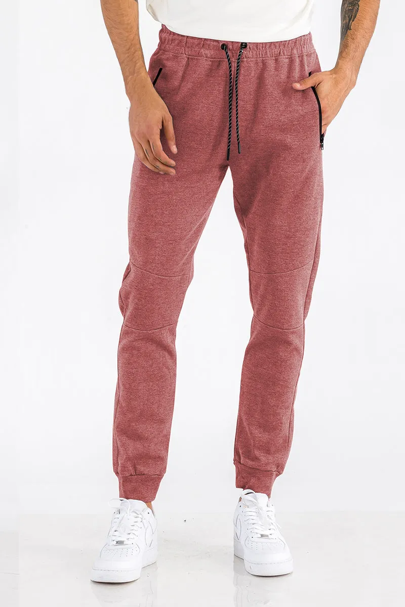 Crimson Comfort: Heathered Cotton Blend Sweatpants with Zipper Pockets