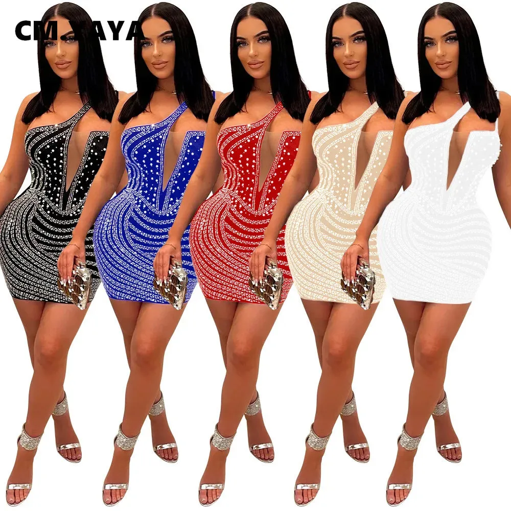 Crystal One Shoulder Skew Neck Bodycon Pencil Dress