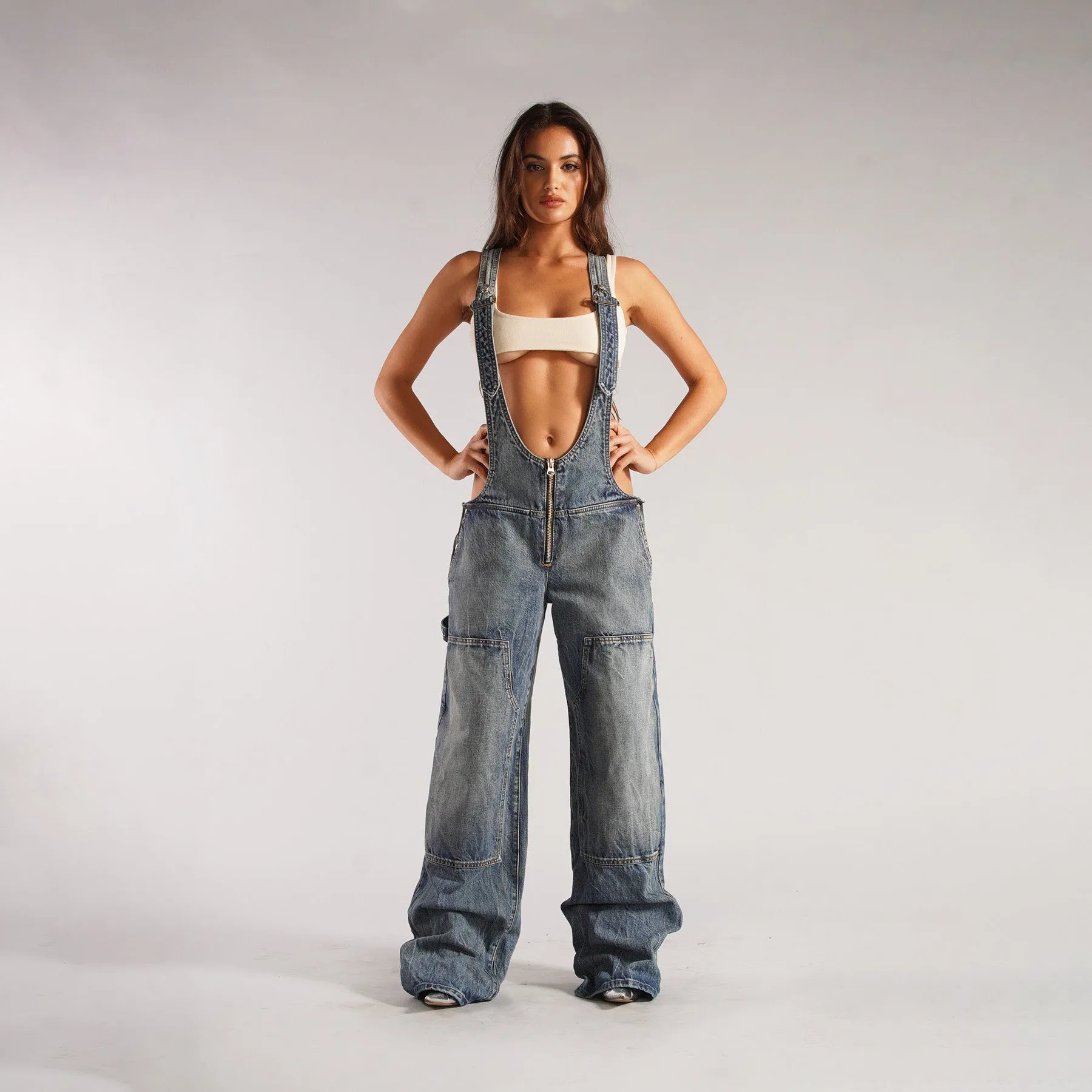 Denim Overalls With Pockets Fashion Loose Jumpsuit Streetwear Zipper Jeans Pants