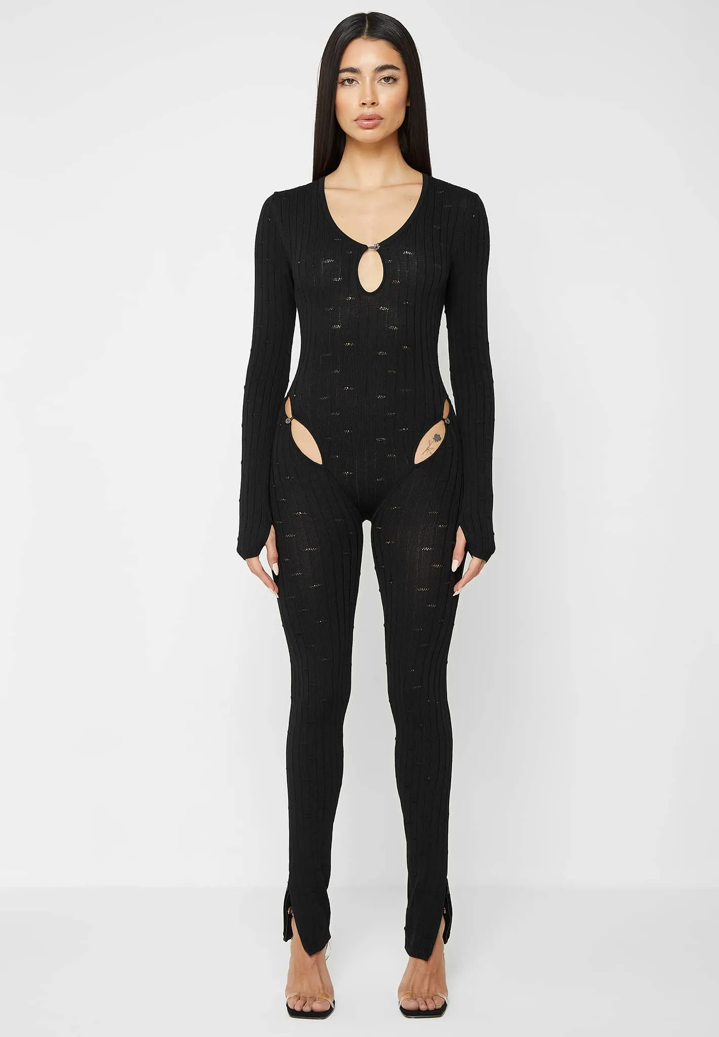 Distressed Knitted Cut Out Jumpsuit - Black