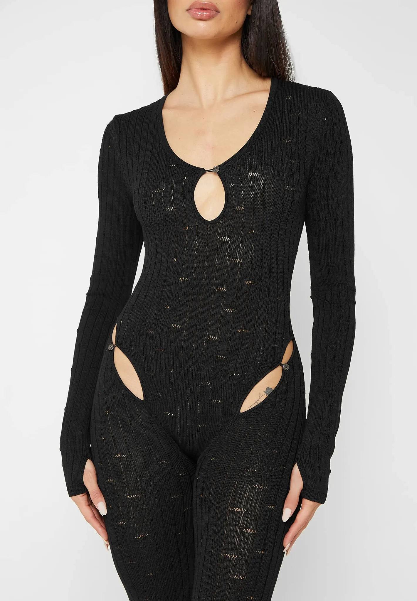 Distressed Knitted Cut Out Jumpsuit - Black