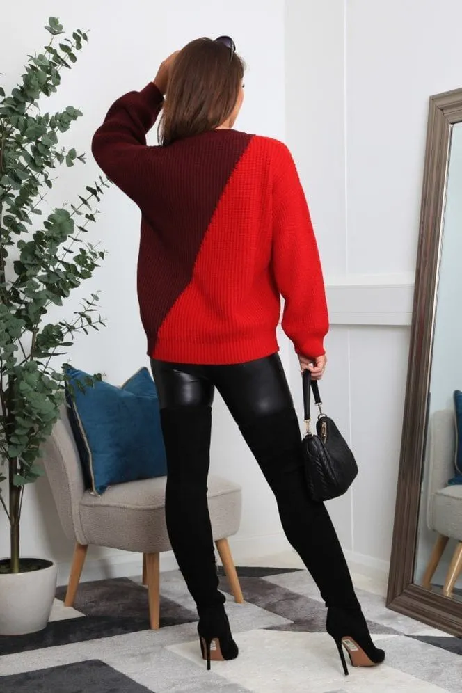 Double Second Red And Burgundy Diagonal Contrast Colour Block Oversized Knit Jumper