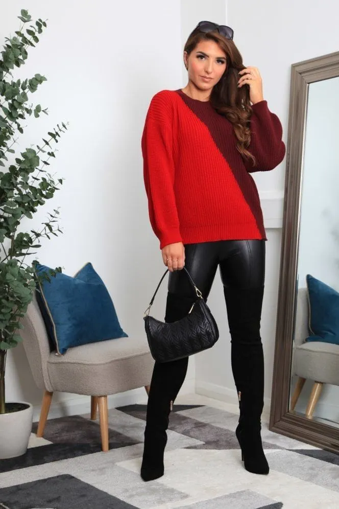 Double Second Red And Burgundy Diagonal Contrast Colour Block Oversized Knit Jumper