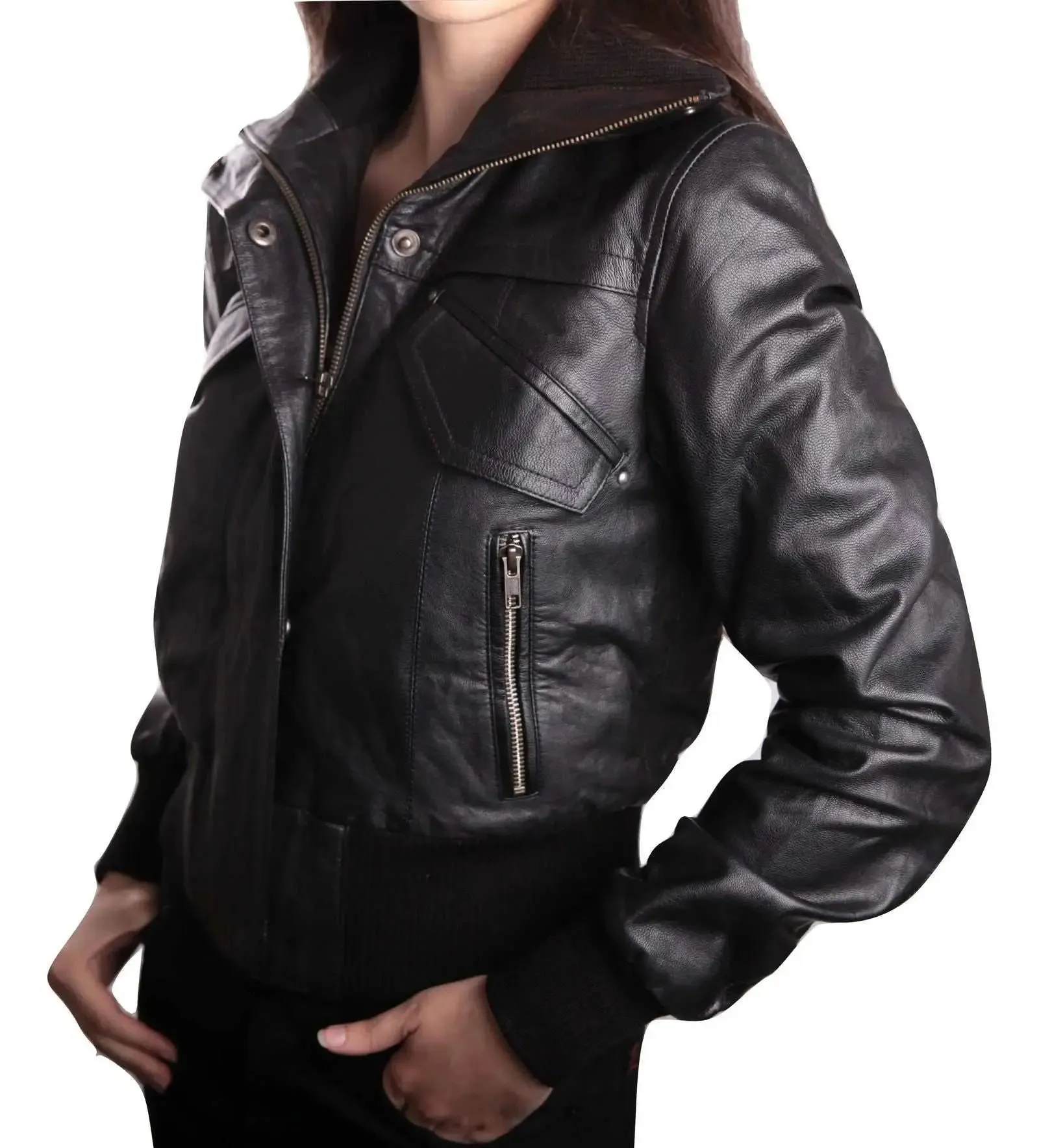 Elegant Women's Lambskin Short Bomber Jacket