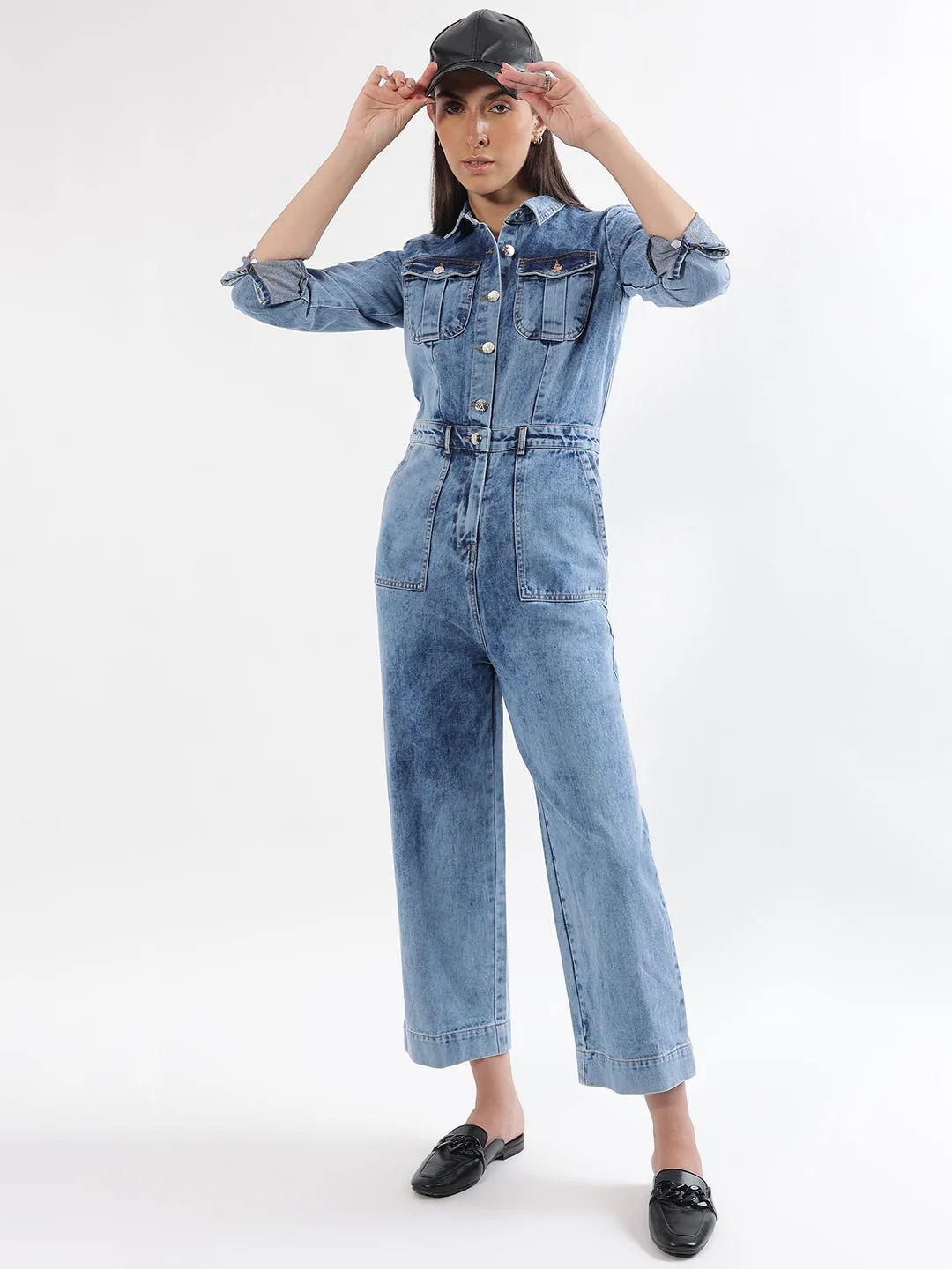 Elle Women Blue Washed Spread Collar Full Sleeves Basic Jumpsuit