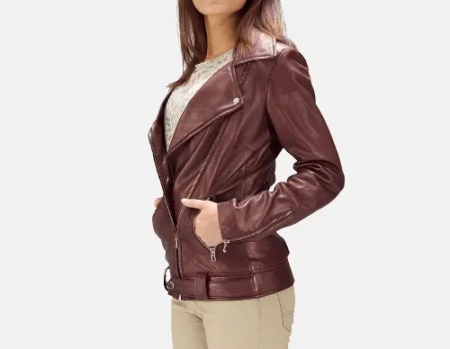 Exquisite Maroon Leather Biker Jacket